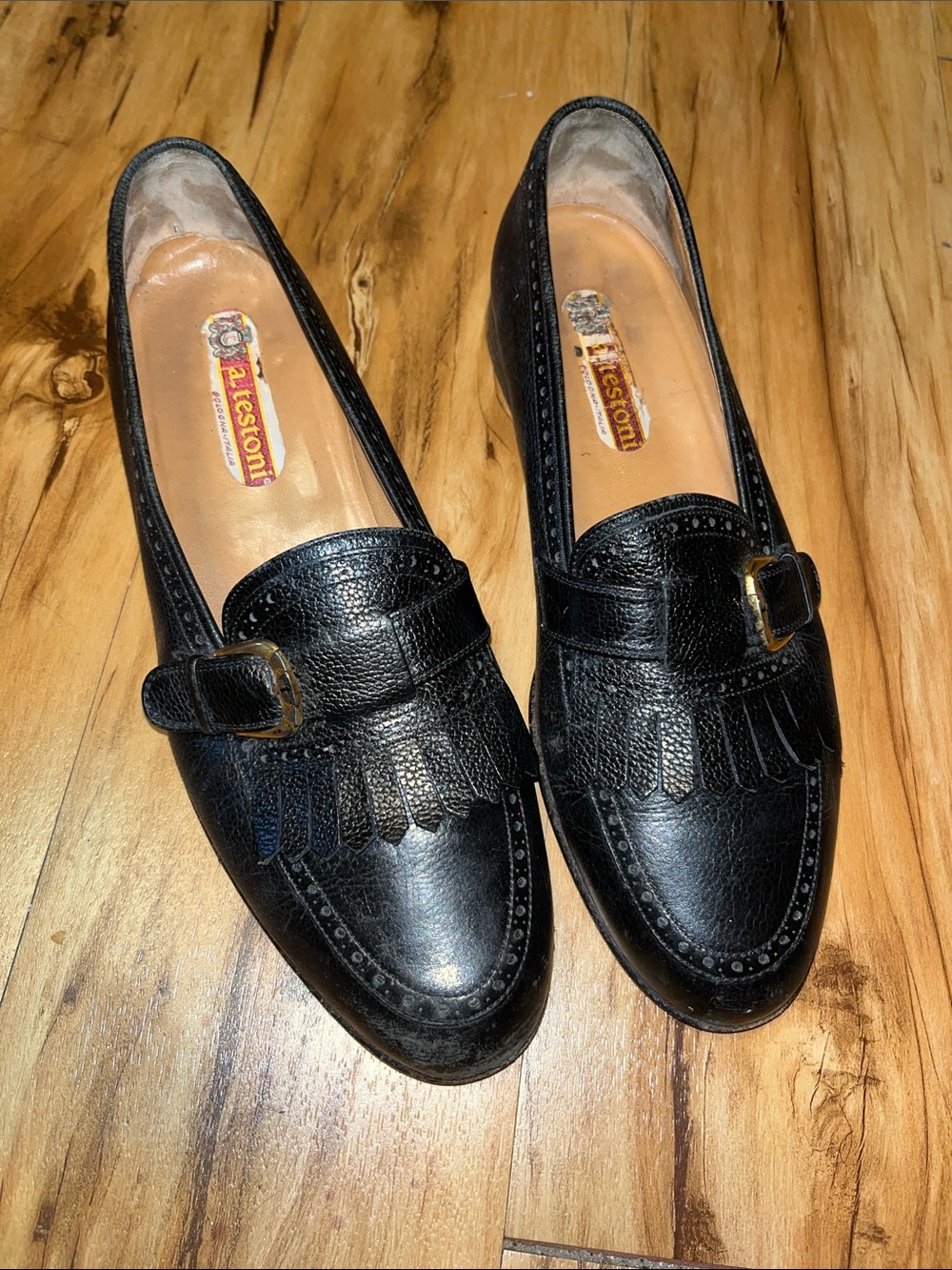 a. testoni Black Leather Kiltie Loafers with Buckle Detail